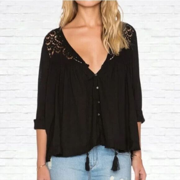 Free People Women's Sz S Black "How You Doin" L/S Flowy Button-Up Blouse - Picture 7 of 8